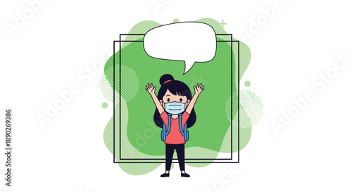 Young school girl wearing a protective face mask and carrying a backpack raises her hands in front of a green abstract background frame.