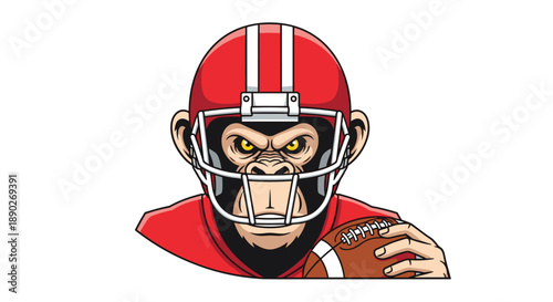 Tough gorilla athlete wears an American football helmet and jersey while holding a ball with a determined and focused expression.