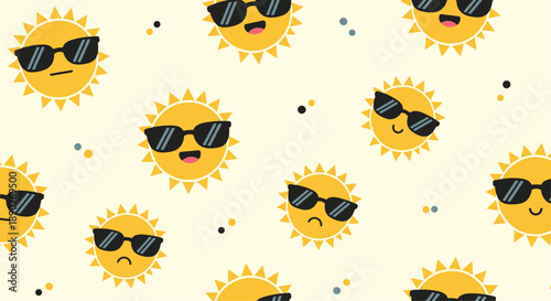 Fun seamless pattern with smiling sun characters wearing black sunglasses against a light cream background with scattered dots.
