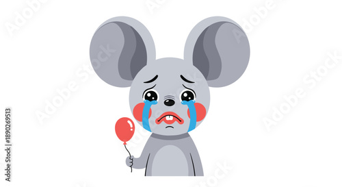 Sad little gray mouse with big ears crying tears and holding a small red balloon against a plain white background.