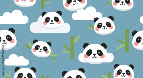 Adorable seamless pattern featuring cute panda faces, green bamboo stalks, and fluffy white clouds on a soft blue background.