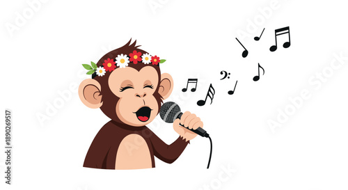 Happy monkey character wearing a flower crown and singing into a microphone with musical notes floating in the air.