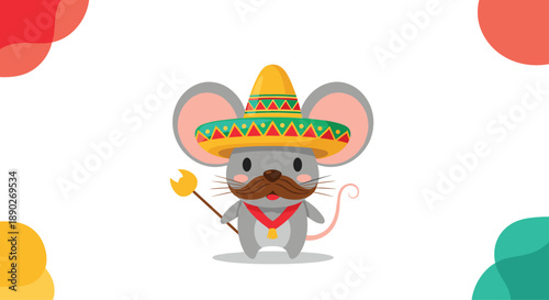 Cute gray mouse character wearing a traditional mexican sombrero hat and holding a scepter against a white abstract background.
