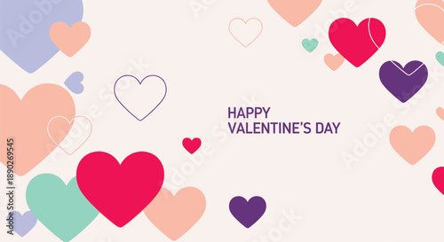 A colorful Valentine's Day graphic with various heart shapes and sizes on a white background