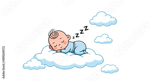 Peaceful infant baby boy wearing blue pajamas sleeping soundly on a soft white cloud in a blue sky with smaller clouds around.