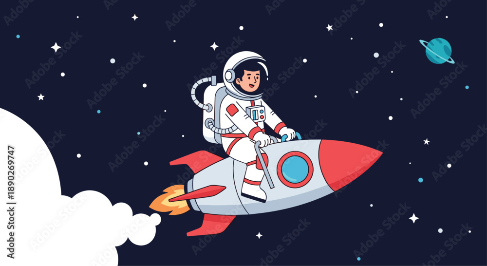 Naklejka premium Young astronaut riding on top of a red and white rocket flying through a dark starry sky with clouds and a distant blue planet.