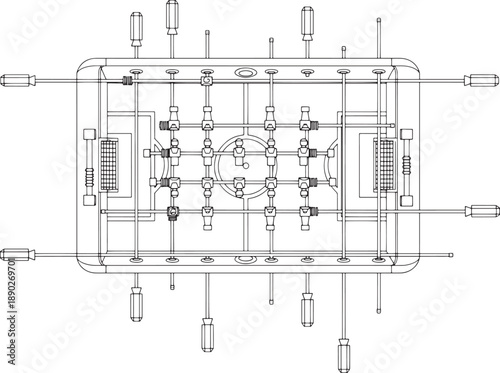 A meticulously rendered overhead blueprint of a foosball table, capturing the essence of the classic game of strategy and skill.