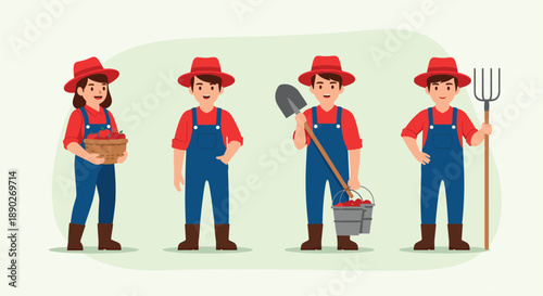 Group of four diverse farm workers wearing red hats and blue overalls holding various agricultural tools and baskets of fruit.