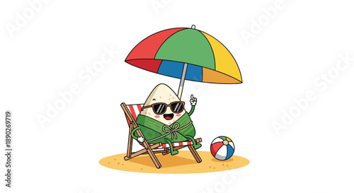 Traditional Chinese zongzi character relaxing on a beach chair under a colorful umbrella with a beach ball on the sand nearby.