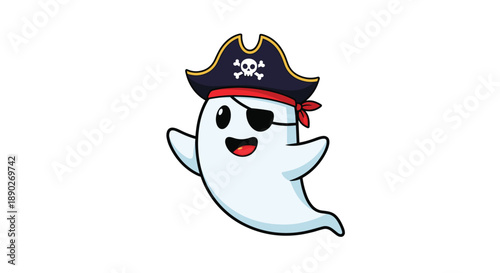 Cute white ghost character wearing a pirate hat with a skull and bones and a black eye patch isolated on white background.