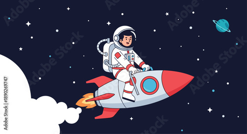 Young astronaut riding on top of a red and white rocket flying through a dark starry sky with clouds and a distant blue planet.