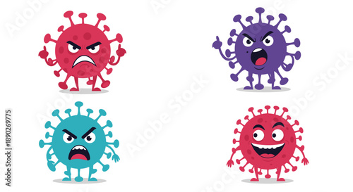 Collection of four cartoon coronavirus icons with different angry and happy facial expressions to represent viral infections.
