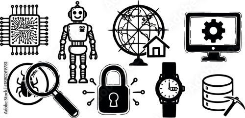 Black and white flat design icons set including robot, magnifying glass with bug, smartwatch, lock, computer screen, globe with house, chip, and mining database pickaxe