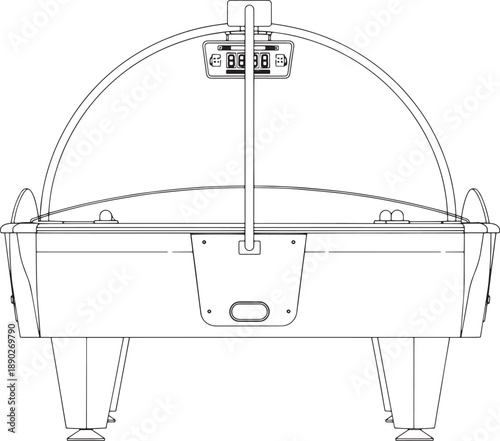 A detailed line drawing of an air hockey table from a front-facing perspective. This image showcases the design of the table, including its legs, scoring unit and the protective dome.