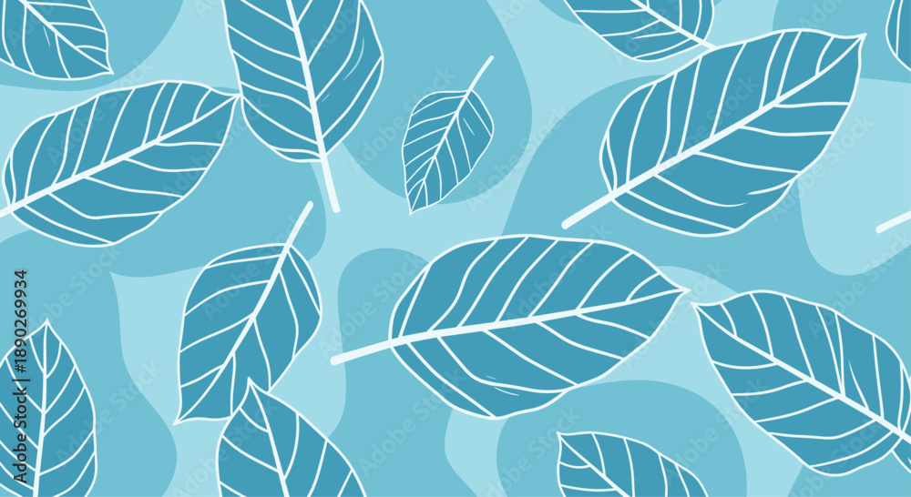 Fototapeta premium Artistic seamless pattern featuring white outlines of leaves scattered across a blue background with soft organic wave shapes.