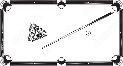 An inviting illustration depicts a complete pool set, inviting the viewer to engage in a game of billiards. The cue stick is poised to break the triangular rack of balls. 
