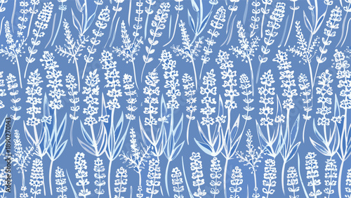 Lavender floral pattern on blue background with white flowers and green leaves