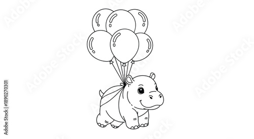 Cute baby hippo character being lifted into the air by a bunch of large balloons in a simple black and white line art style.