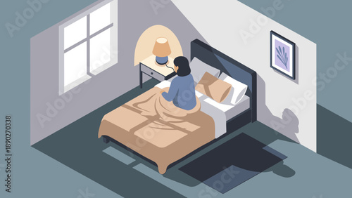 Cozy bedroom with person relaxing in morning light isometric perspective