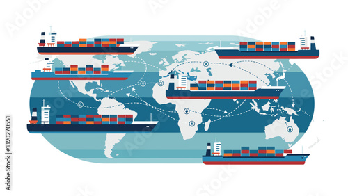 Global maritime shipping routes with cargo ships on world map