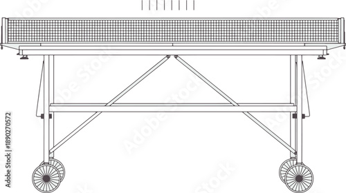 A detailed image of a ping pong table, perfectly capturing its design and functional aspects. The sturdy construction, with wheels and a net.