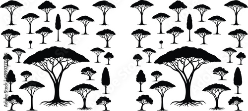 African savanna tree silhouette collection featuring acacia and diverse woodland shapes arranged as a nature icon set in black and white vector style