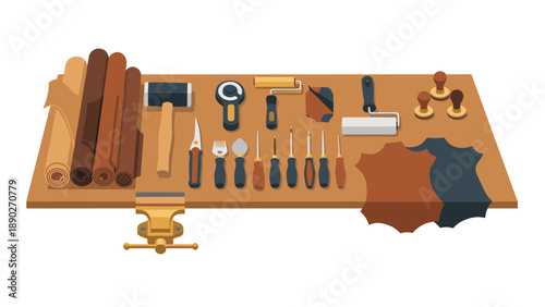 Leather crafting tools and materials on wooden table for artisan projects