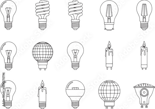A collection of illustrated light bulbs and candles in an array of styles representing different illumination concepts.