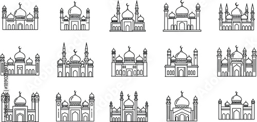 A comprehensive vector set of architectural silhouettes featuring European churches, Parisian houses, and historic cathedral landmarks in a stylized travel illustration sketch