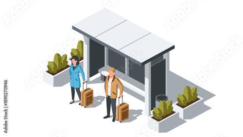 Isometric bus stop scene with travelers and luggage, modern urban design illustration
