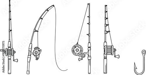 Fishing rod and reel outline set with hook, detailed black line art illustrations of angling equipment isolated on white background for sport fishing design