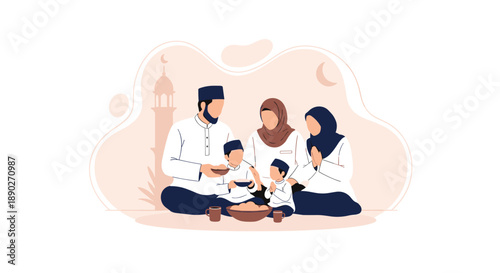 Generational Muslim Family Iftar: A multi-generational Muslim family including elders and young children sharing a meal and celebrating Ramadan together in a peaceful setting, Generative AI.