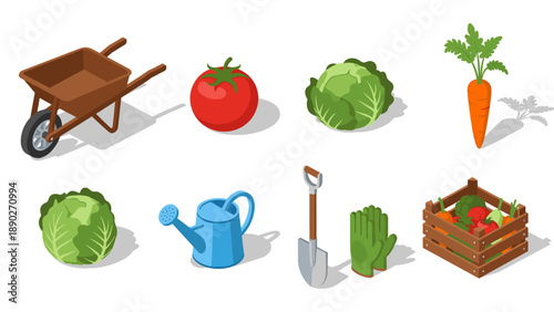 Garden tools and vegetables in isometric style: wheelbarrow, tomato, carrot, and more