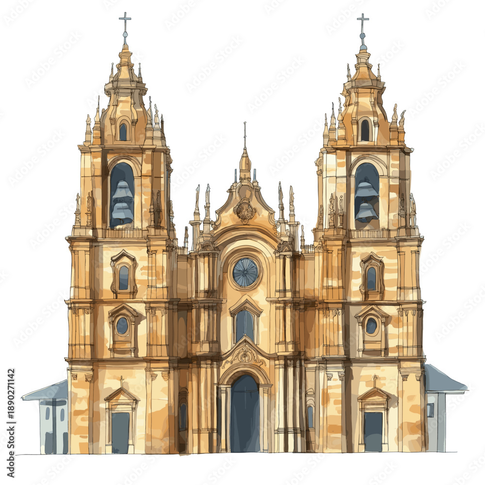 Obraz premium Cathedral of Santiago de Compostela. Cathedral of Santiago de Compostela watercolor vector illustration