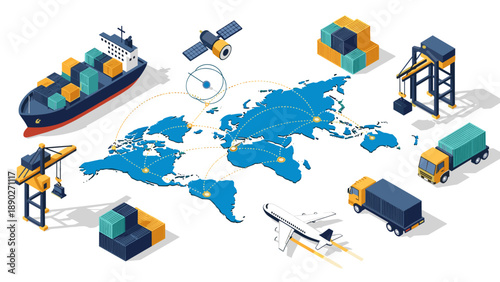 Global logistics network with cargo transportation and shipping elements