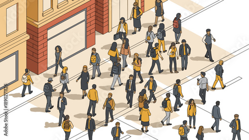 Busy city street scene in isometric style with diverse walking people