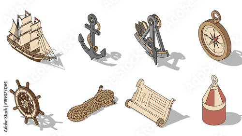 Isometric nautical elements set with ship, anchor, and compass on white background