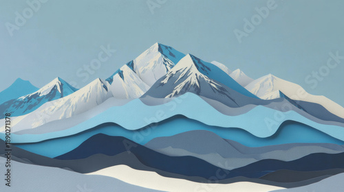 A mountain range design, a paper cut-out style. The mountains are composed of layers of varying shades of blue, gray, and white for snowy peaks, a three-dimensional effect. style is majestic and calm.