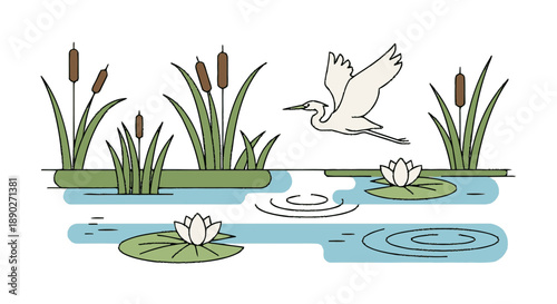 A graceful white egret bird flying over a serene pond with lily pads and cattails.