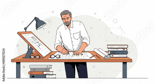 Experienced architect diligently sketching building plans at a drafting table, surrounded by professional tools and design documents in a modern illustration.