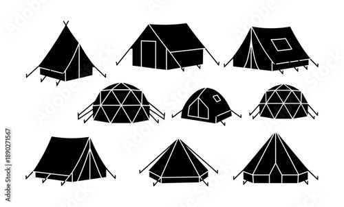 Camping tent types collection simple silhouette vector