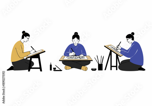 Three focused artists practicing calligraphy or drawing, seated on the floor with their art supplies and traditional tools, showcasing creativity and skill.