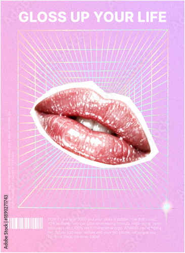 Vibrant poster featuring glossy lips with a retro futuristic design
