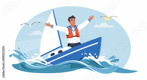 Joyful sailor in a life vest happily sailing a small boat through blue waves under a sunny sky with seagulls. Nautical adventure and freedom illustration.