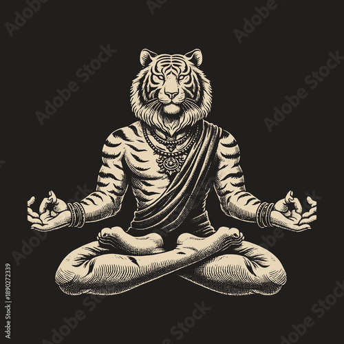 Tiger Meditating in Lotus Position: A Serene and Focused Illustration.