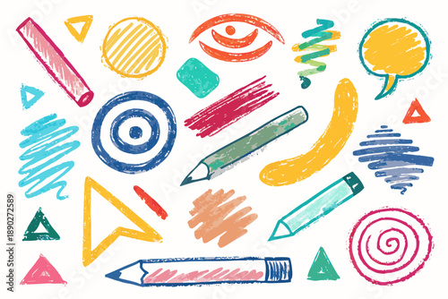 Hand drawn crayon set with colored pencils and markers on white background colorful