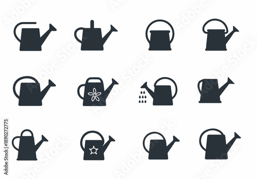 Collection of diverse watering can silhouette icons for gardening, plant care, and horticultural themes, perfect for minimalist designs and web elements.