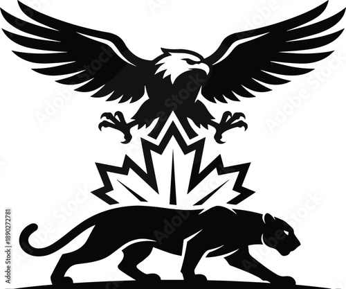 Black eagle soaring above panther and maple leaf emblem silhouette