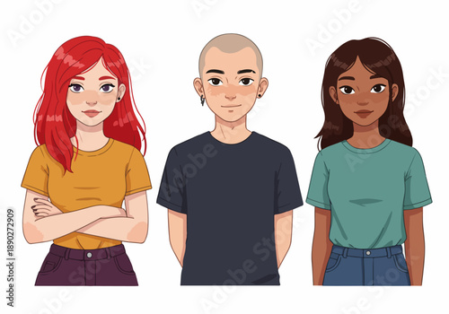 Diverse group of young adult cartoon characters illustration with varying hairstyles and skin tones, standing together against a white background.