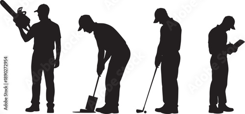 Black silhouette collection featuring male workers using a chainsaw digging with a shovel playing golf and writing on a clipboard isolated on white background